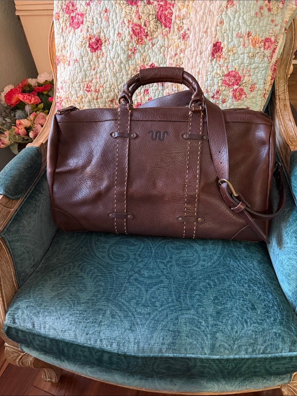 RARE FIND! King Ranch, Chocolate Brown Leather Duffel Bag with Shoulder Strap